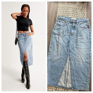 A&F high rise denim midi skirt